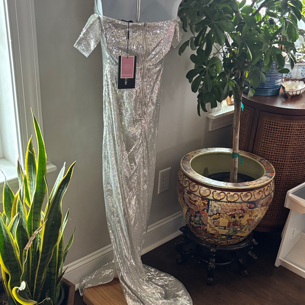 NWT PrettyLittleThing Silver Sequin Off-Shoulder Prom Dress - Picture 6 of 11